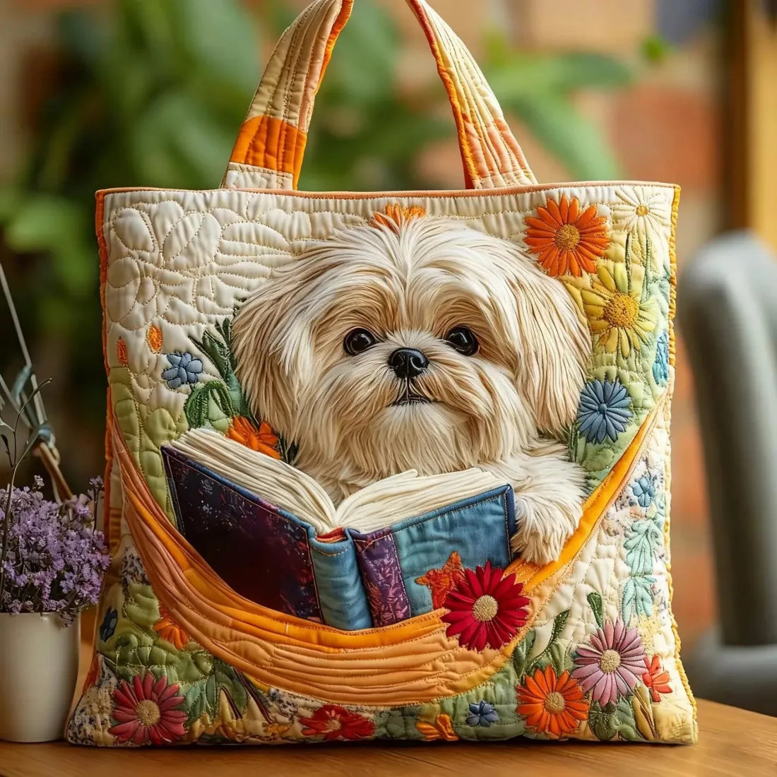 Handgjord väska - Shih Tzu och böcker
